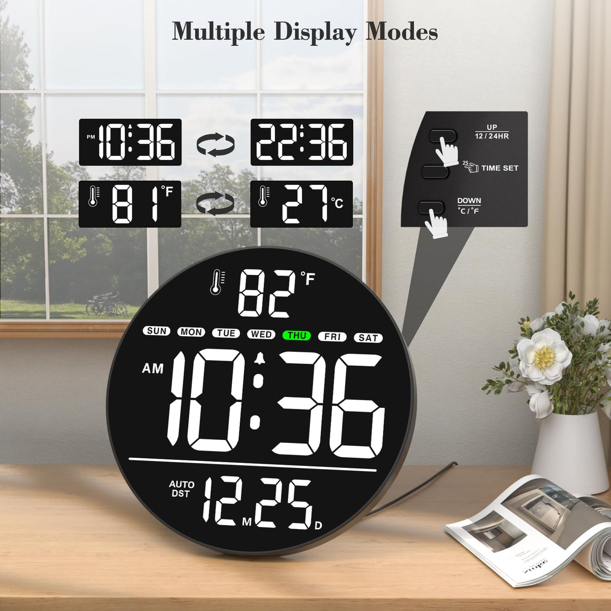 WallarGe clock with adjustable brightness for day or night viewing.