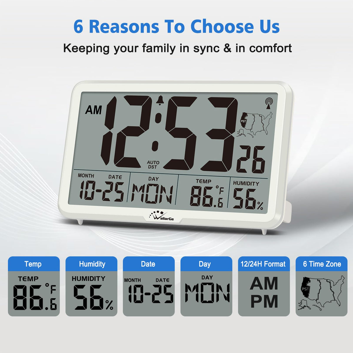 WallarGe clock showing six time zones with automatic DST support.