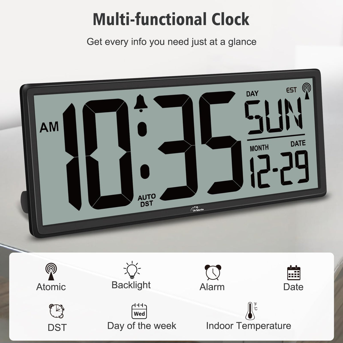 WallarGe clock shows date, day, and indoor temperature at a glance.