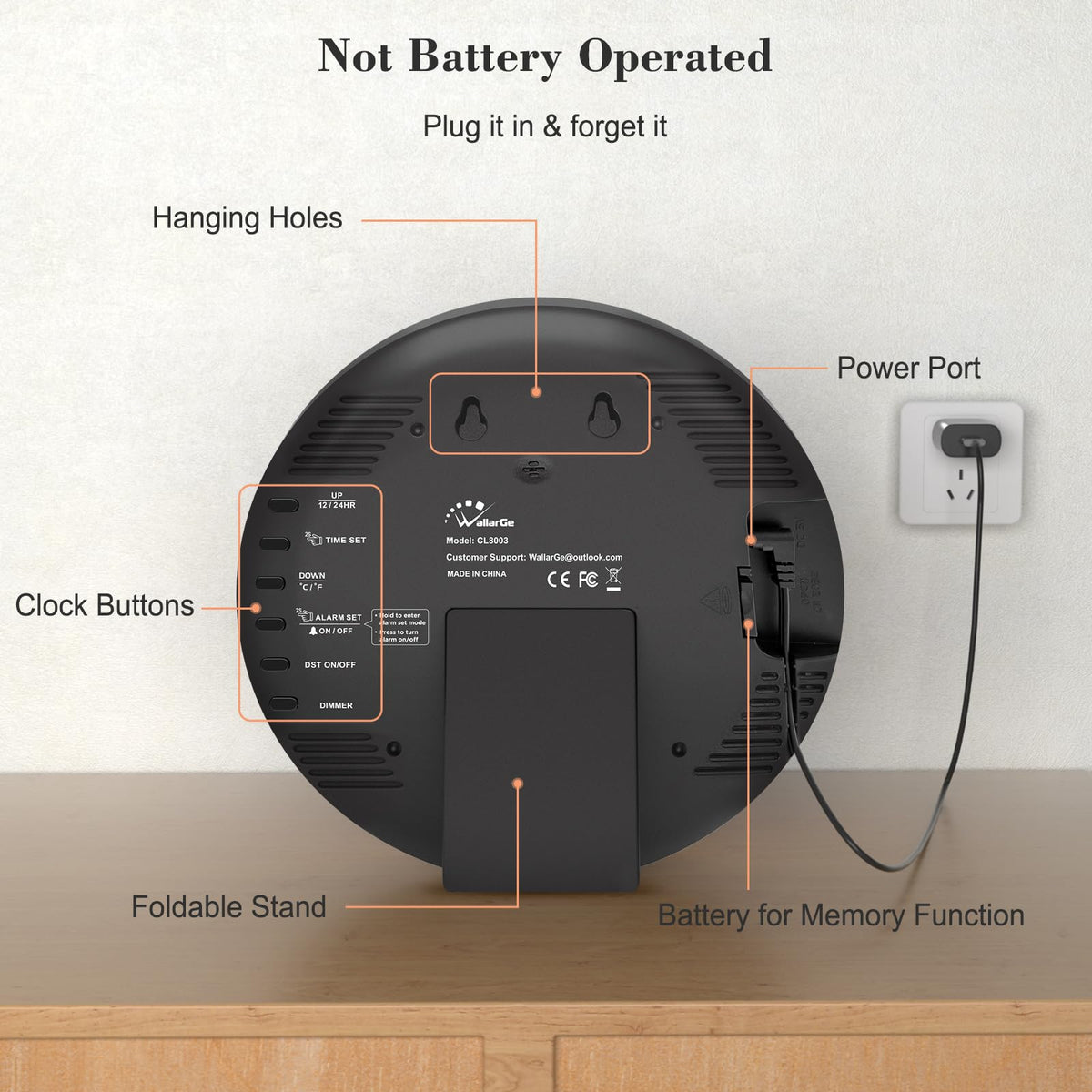 WallarGe clock plugs in for continuous use and simple setup.
