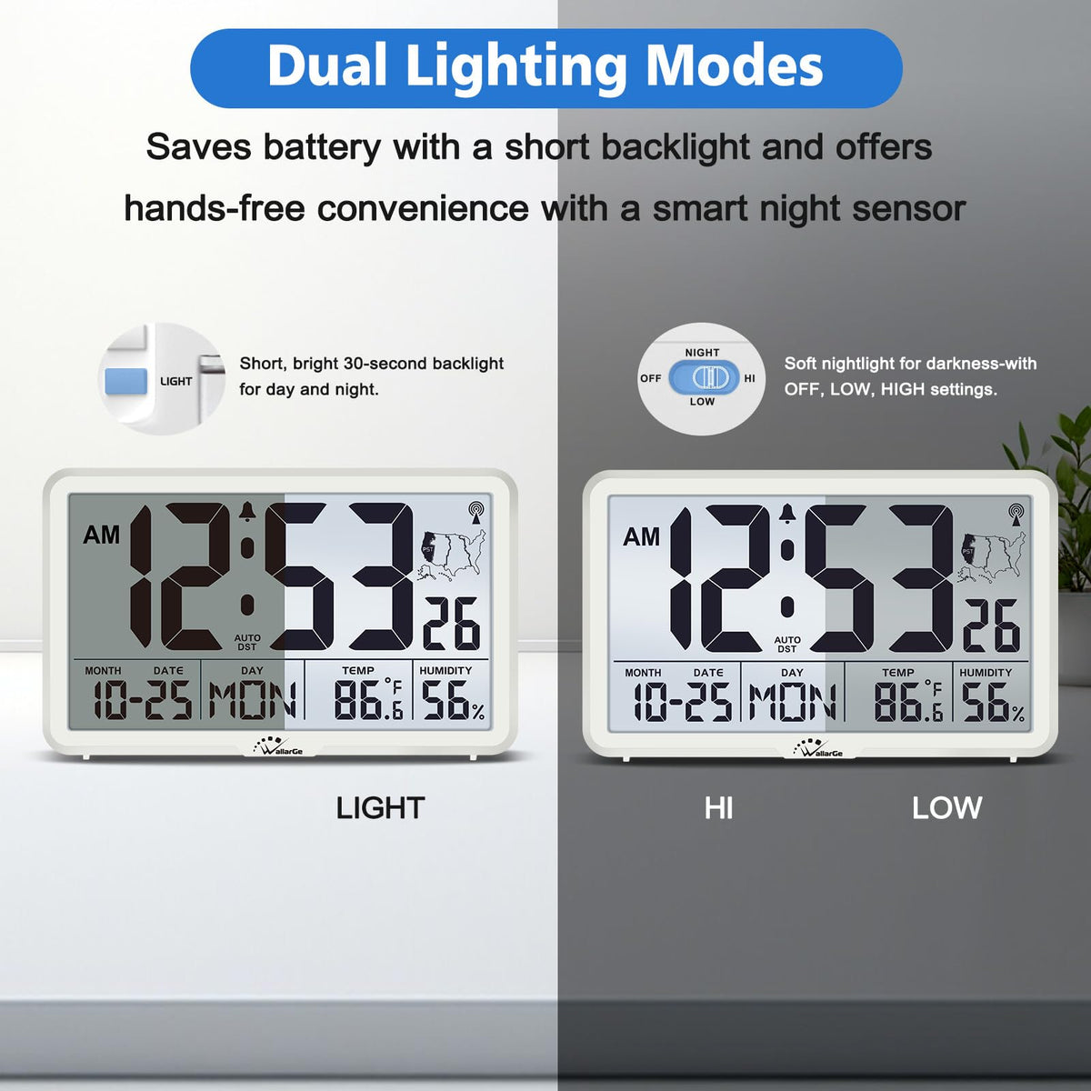 WallarGe clock displaying indoor temperature and humidity readouts.