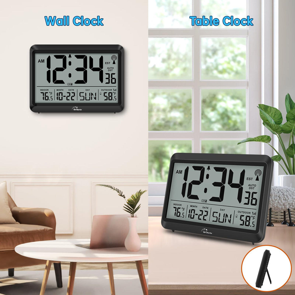 WallarGe indoor/outdoor temperature readout helps monitor room comfort.