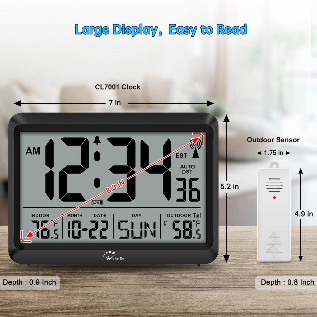 WallarGe wireless outdoor sensor transmits outdoor temperature to the clock.