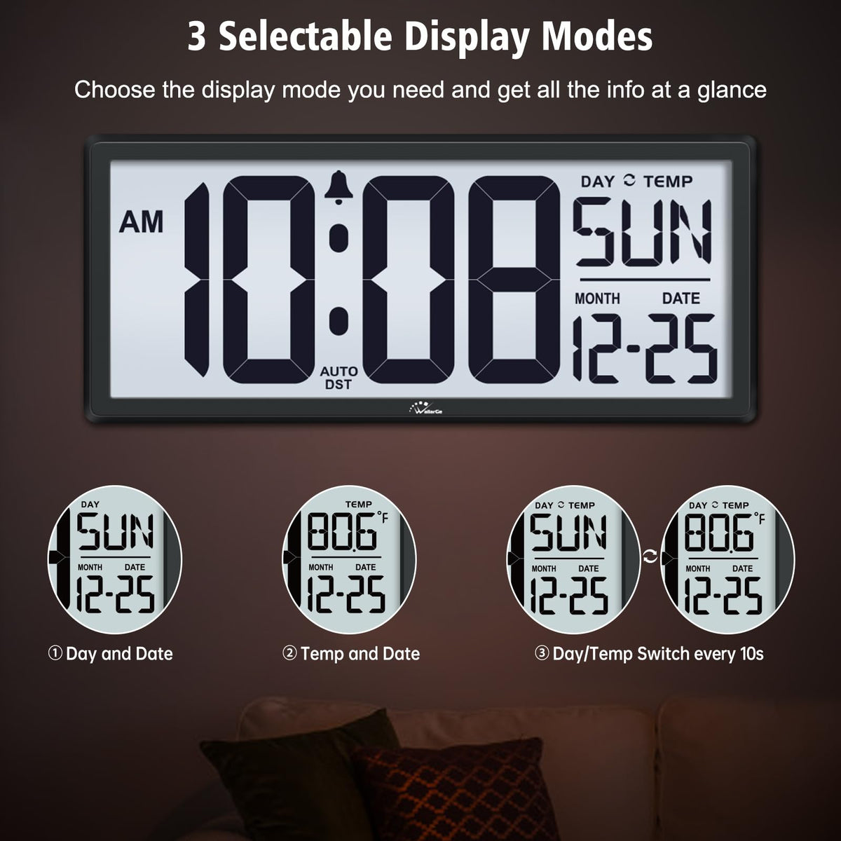 WallarGe clock with three-level backlight for comfortable night viewing.