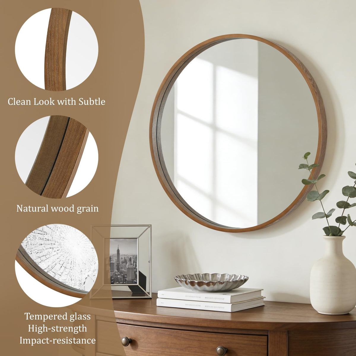 Close-up of walnut wood texture on WallBeyond round mirror frame