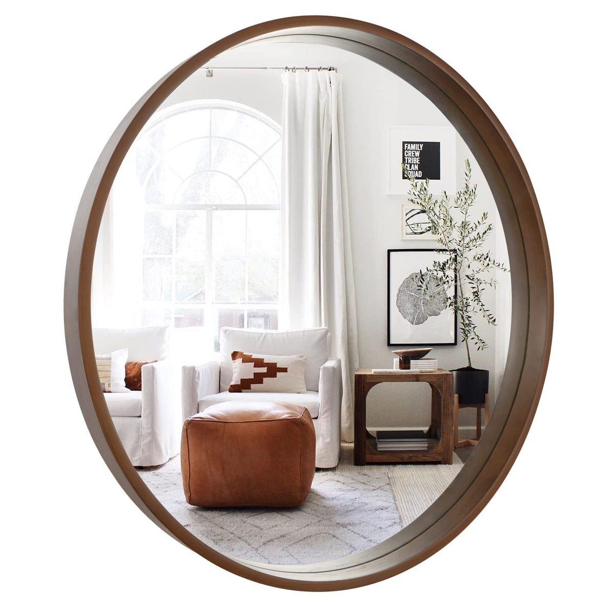 WallBeyond walnut circle mirror front view adds warm focal point to any wall