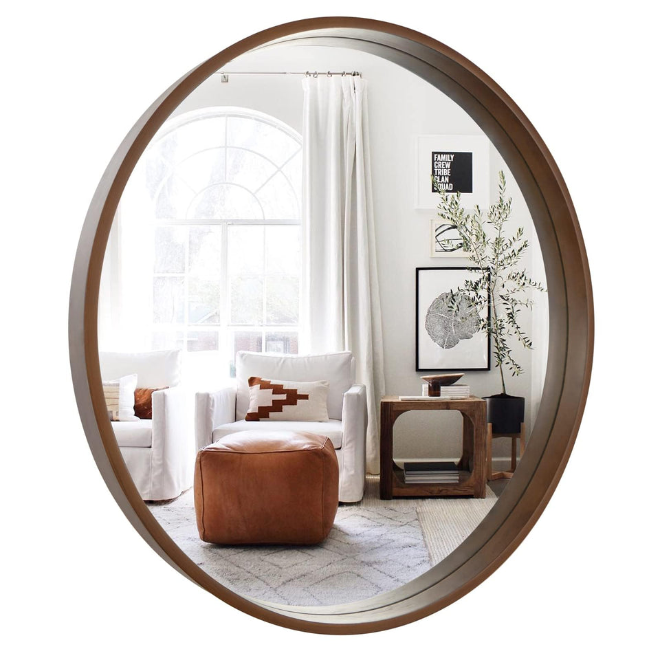 WallBeyond walnut circle mirror front view adds warm focal point to any wall