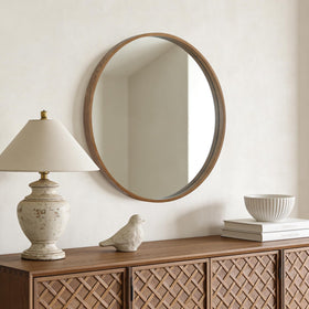 Living room decor with WallBeyond walnut round mirror enhances space