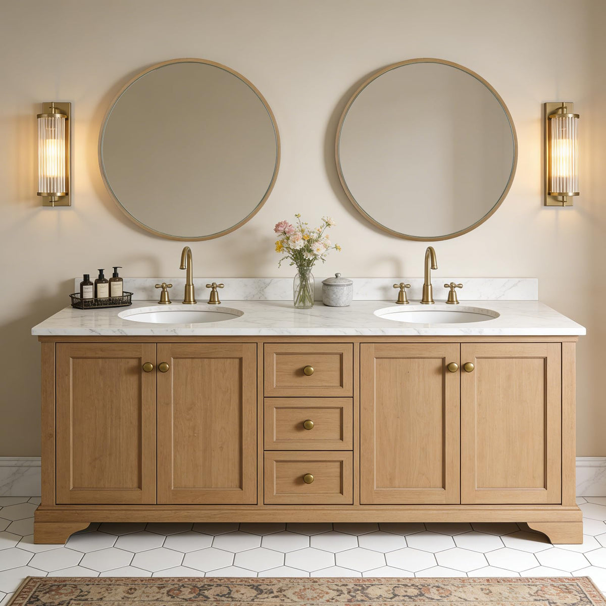WallBeyond round mirror reflection brightens a living room setting