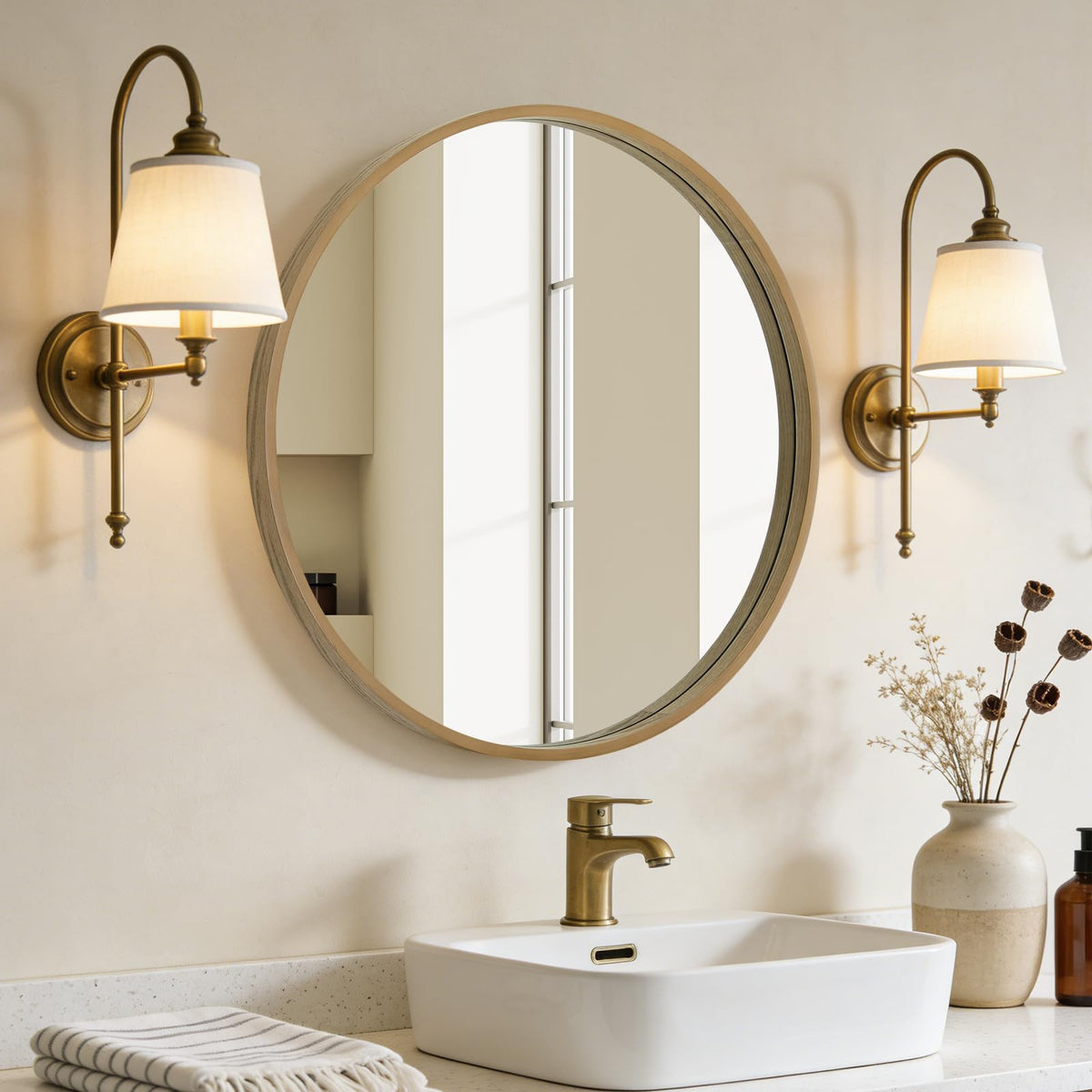 WallBeyond round mirror wood frame close-up reveals craftsmanship and natural texture