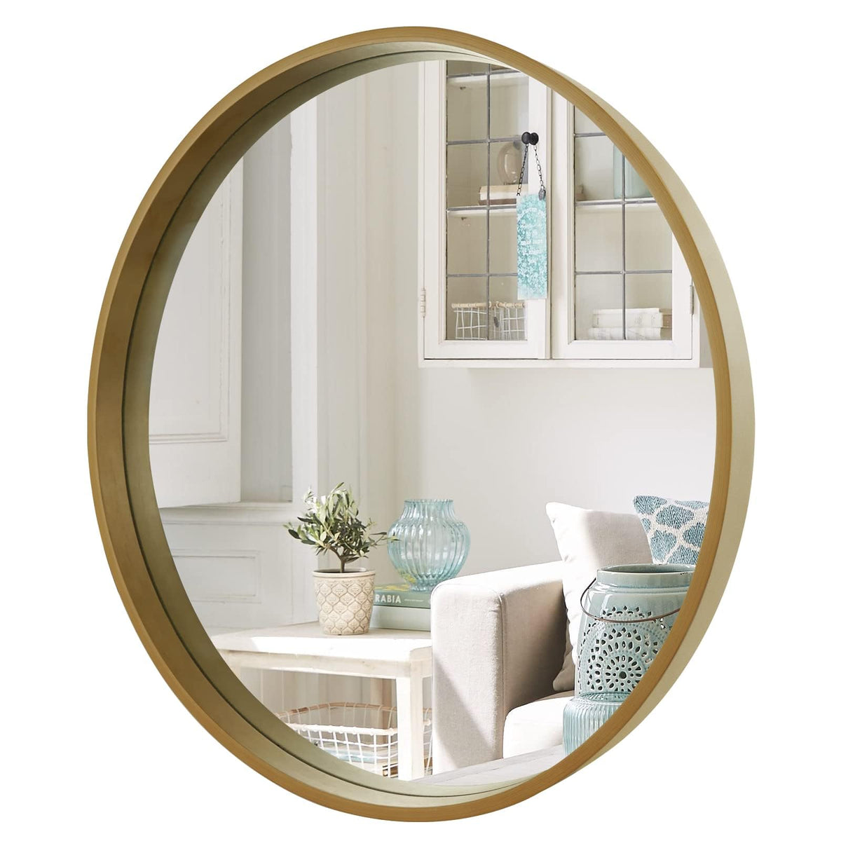 WallBeyond round mirror with wood frame front view enhances space and light