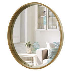 WallBeyond round mirror with wood frame front view enhances space and light