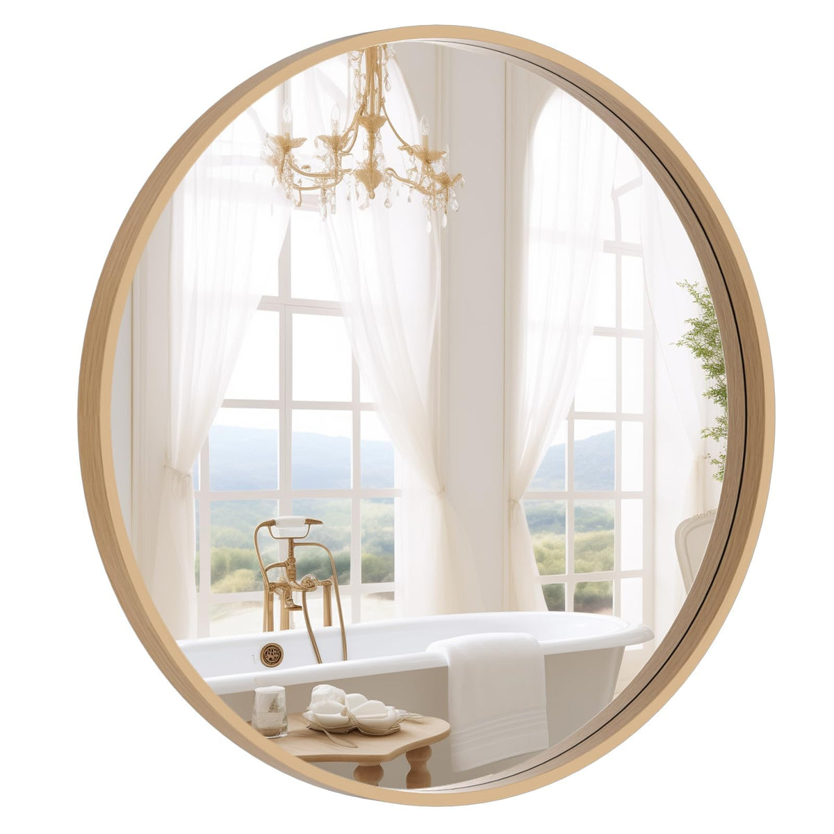 WallBeyond 24-inch round wood mirror in living room reflecting light and space