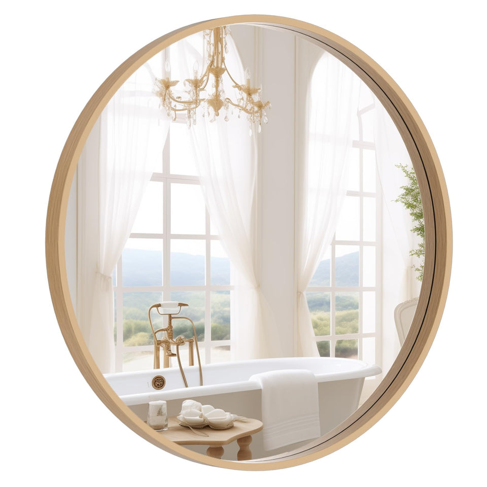 WallBeyond 24-inch round wood mirror in living room reflecting light and space