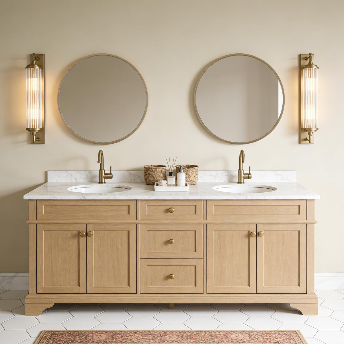 WallBeyond round wood mirror above bathroom vanity for clarity