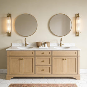WallBeyond round wood mirror above bathroom vanity for clarity