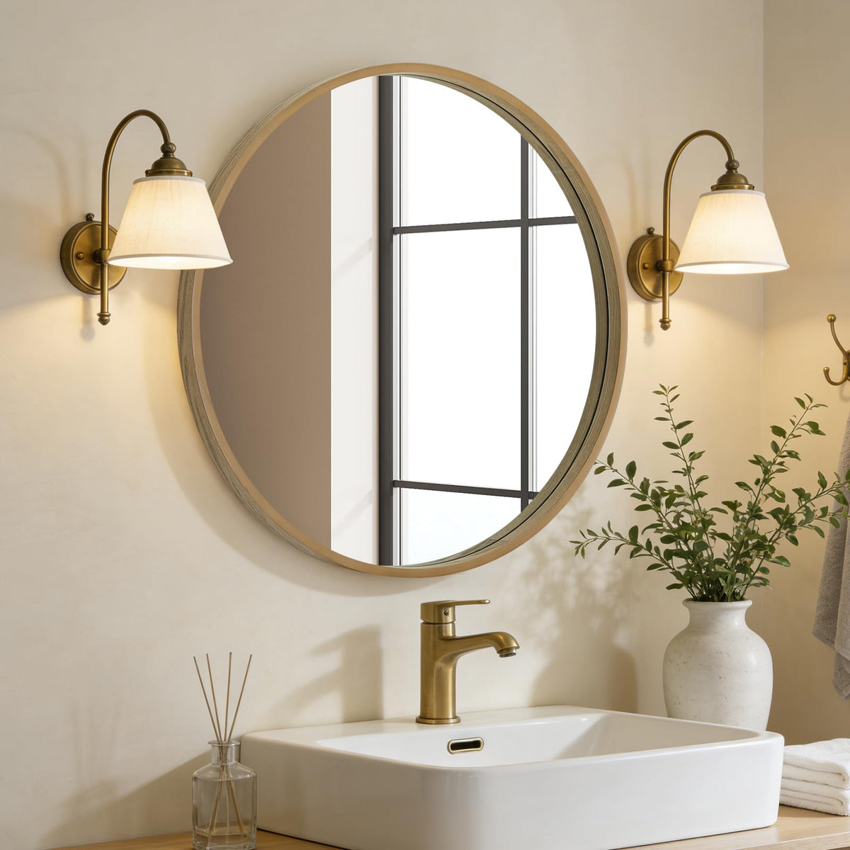 WallBeyond round wood mirror close-up showing crisp reflection
