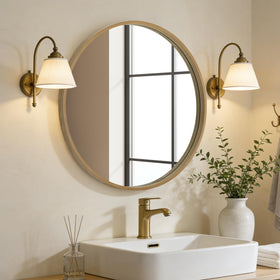 WallBeyond round wood mirror close-up showing crisp reflection