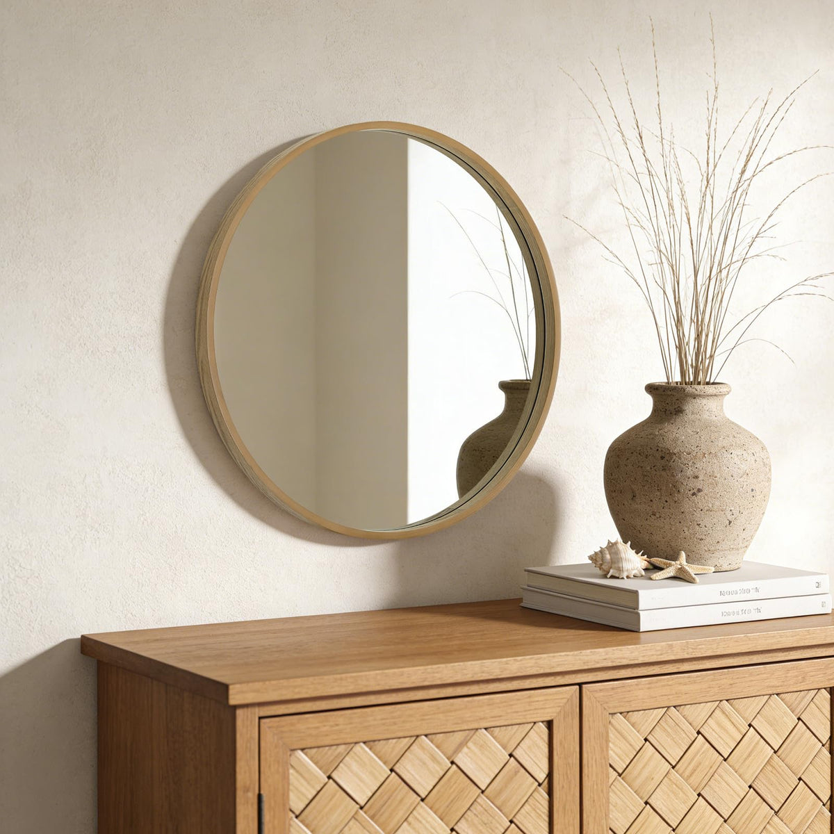WallBeyond round wood mirror with installation hardware and hooks