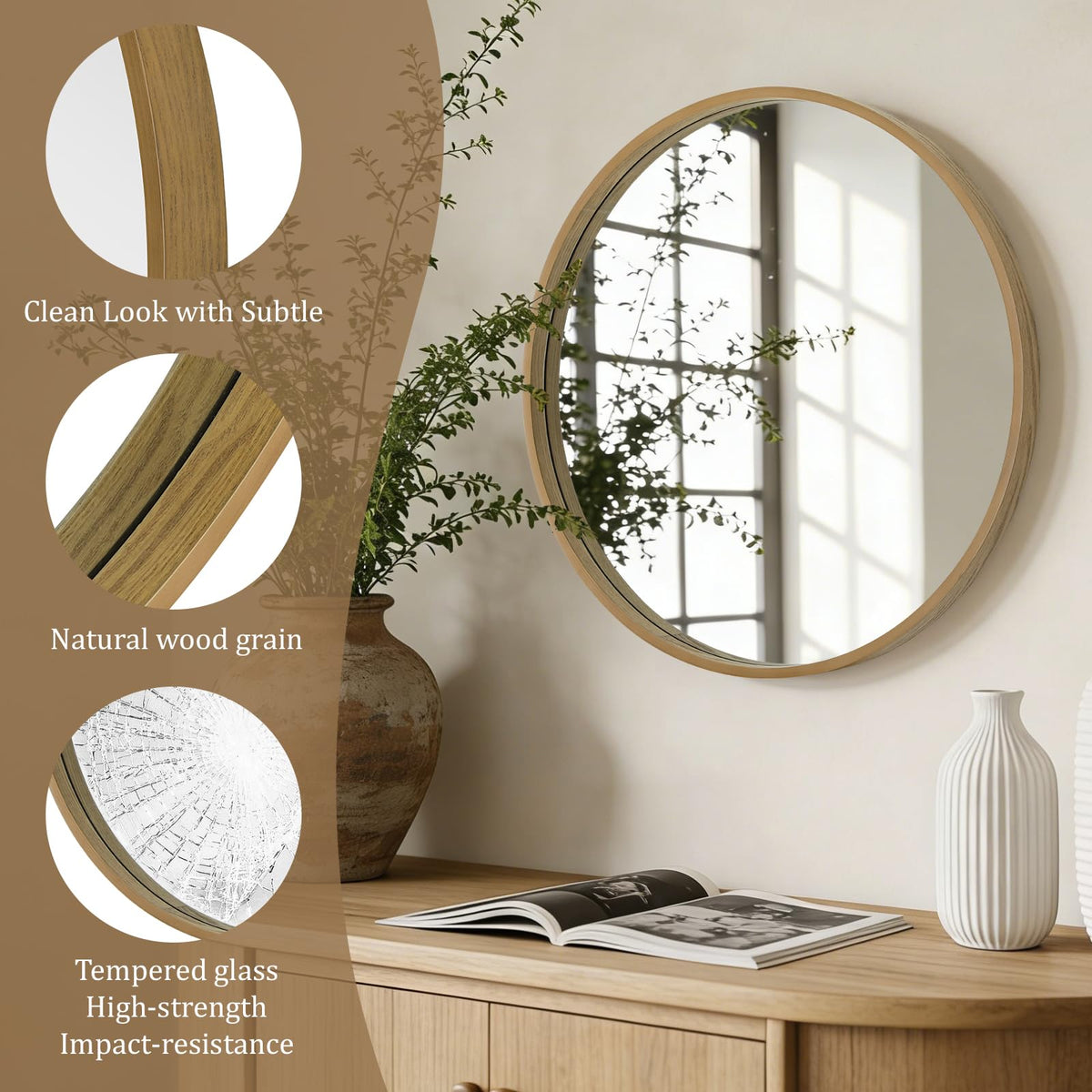 WallBeyond round wood mirror enhances living room decor with light
