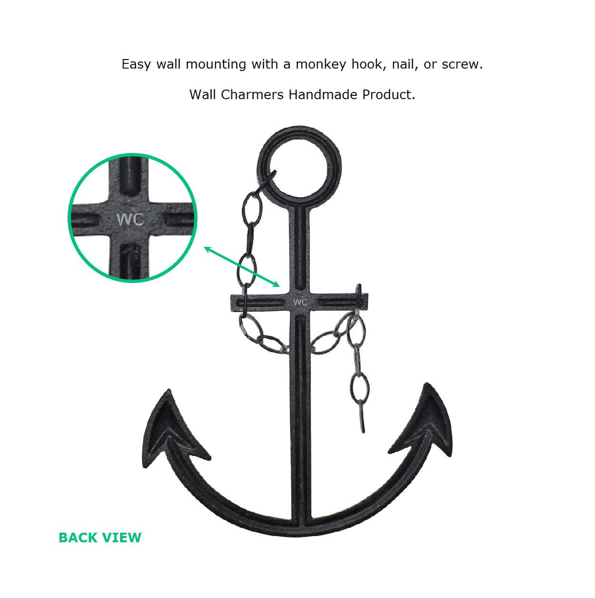 Wallcharmers wall art anchor motif shown in a sturdy cast iron finish.