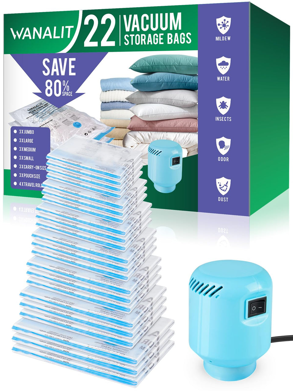 WANALIT vacuum storage bags 22-pack front view demonstrates space-saving solution