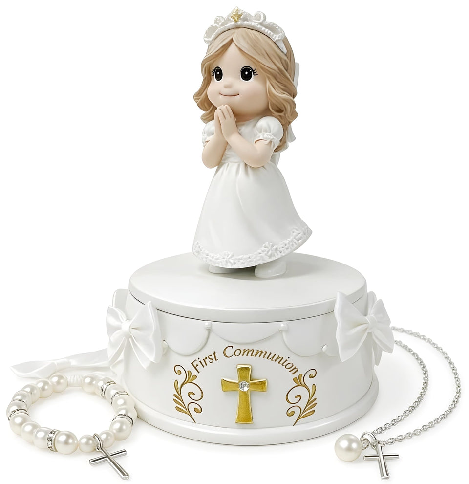 WANCHIY first communion girl figurine with shimmering pearl accents.