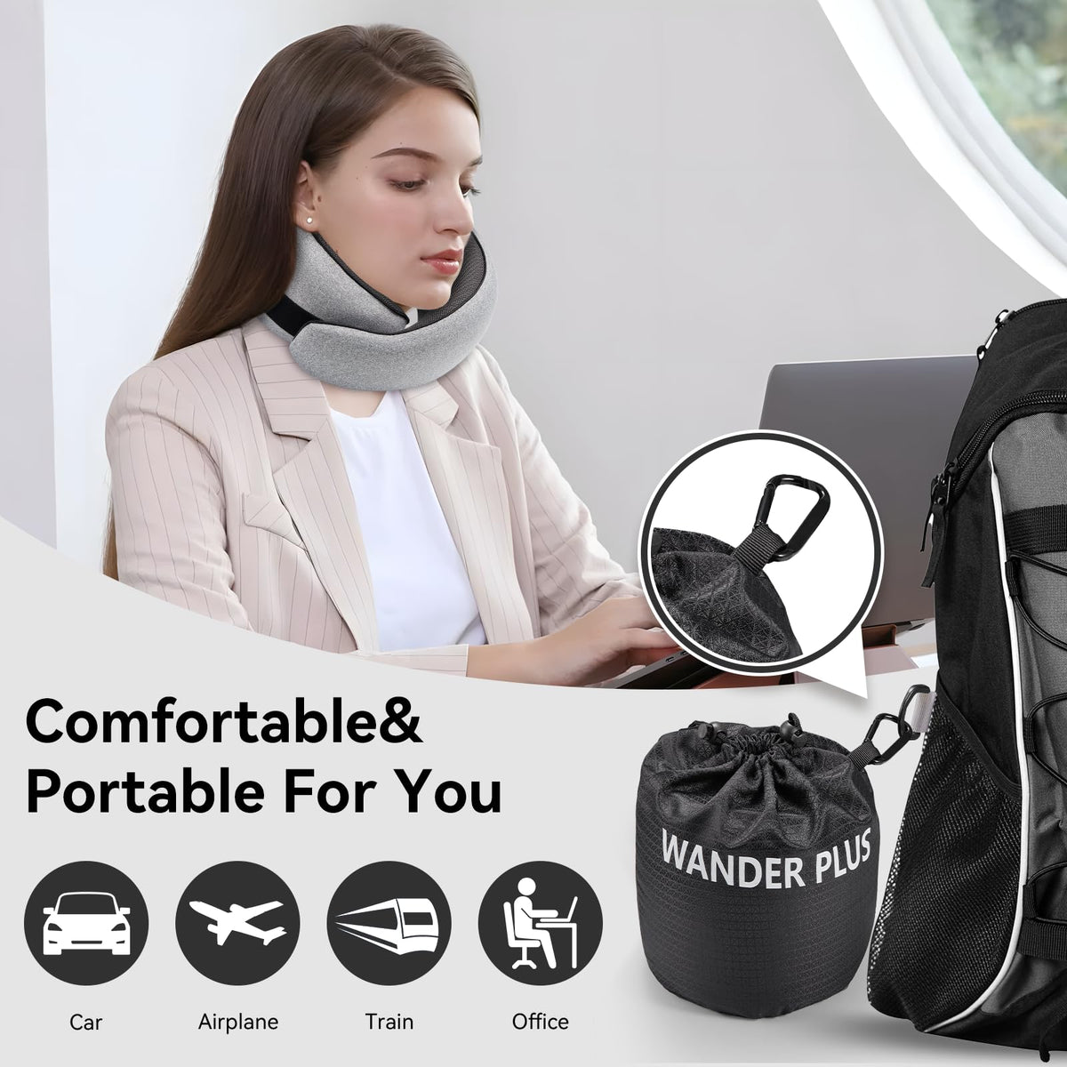 WANDER PLUS Travel Pillow ergonomic-360-support ensures head alignment for restful sleep.