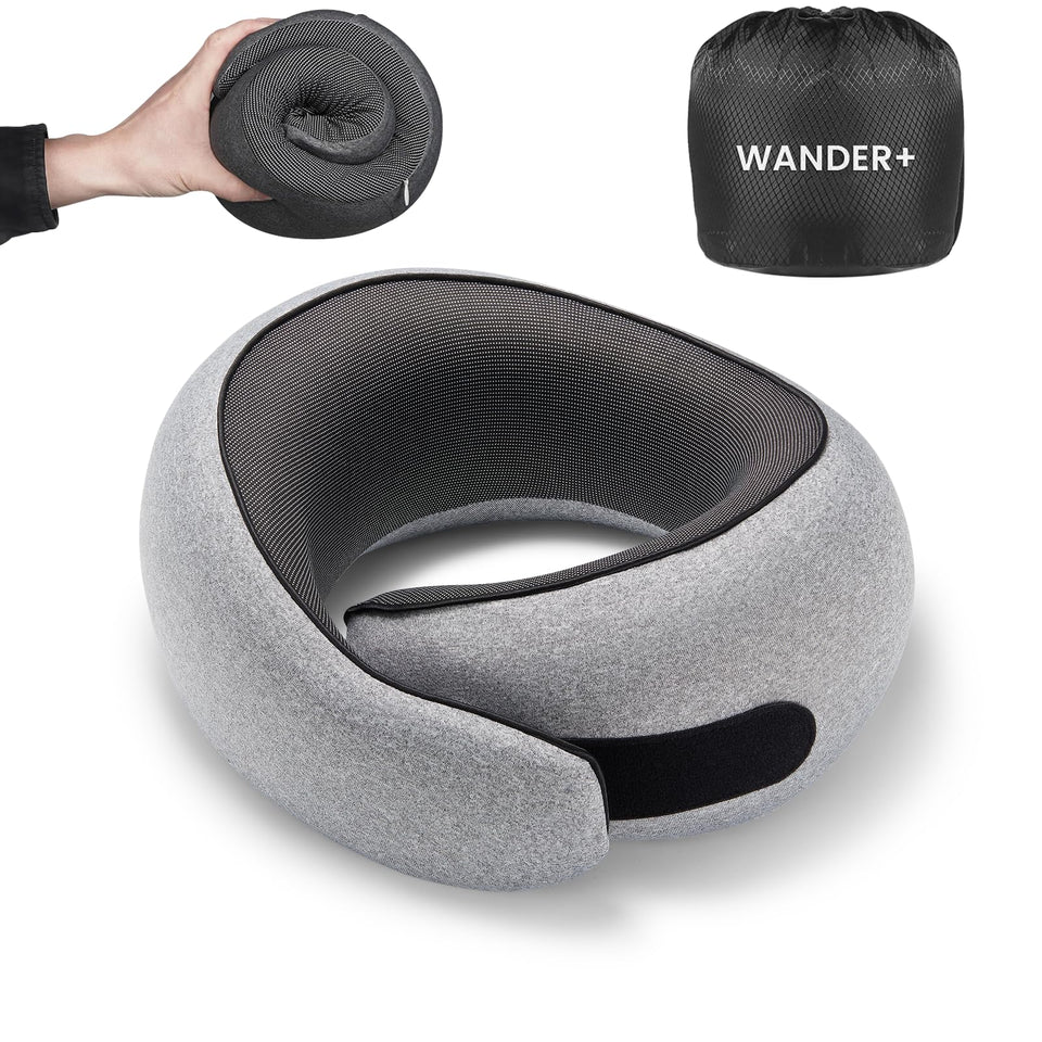 WANDER PLUS Travel Pillow memory foam contours for neck comfort on planes.
