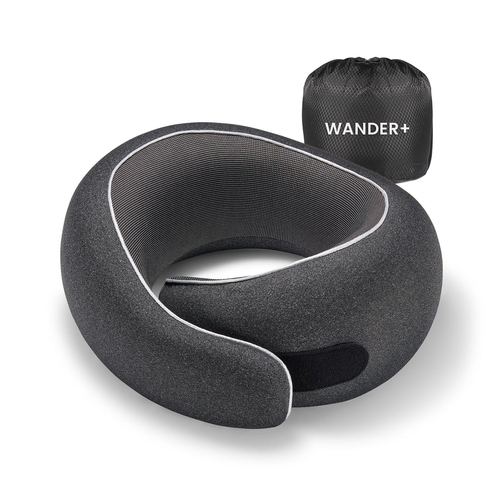 WANDER PLUS travel pillow rolled compact for easy packing and on-the-go comfort.