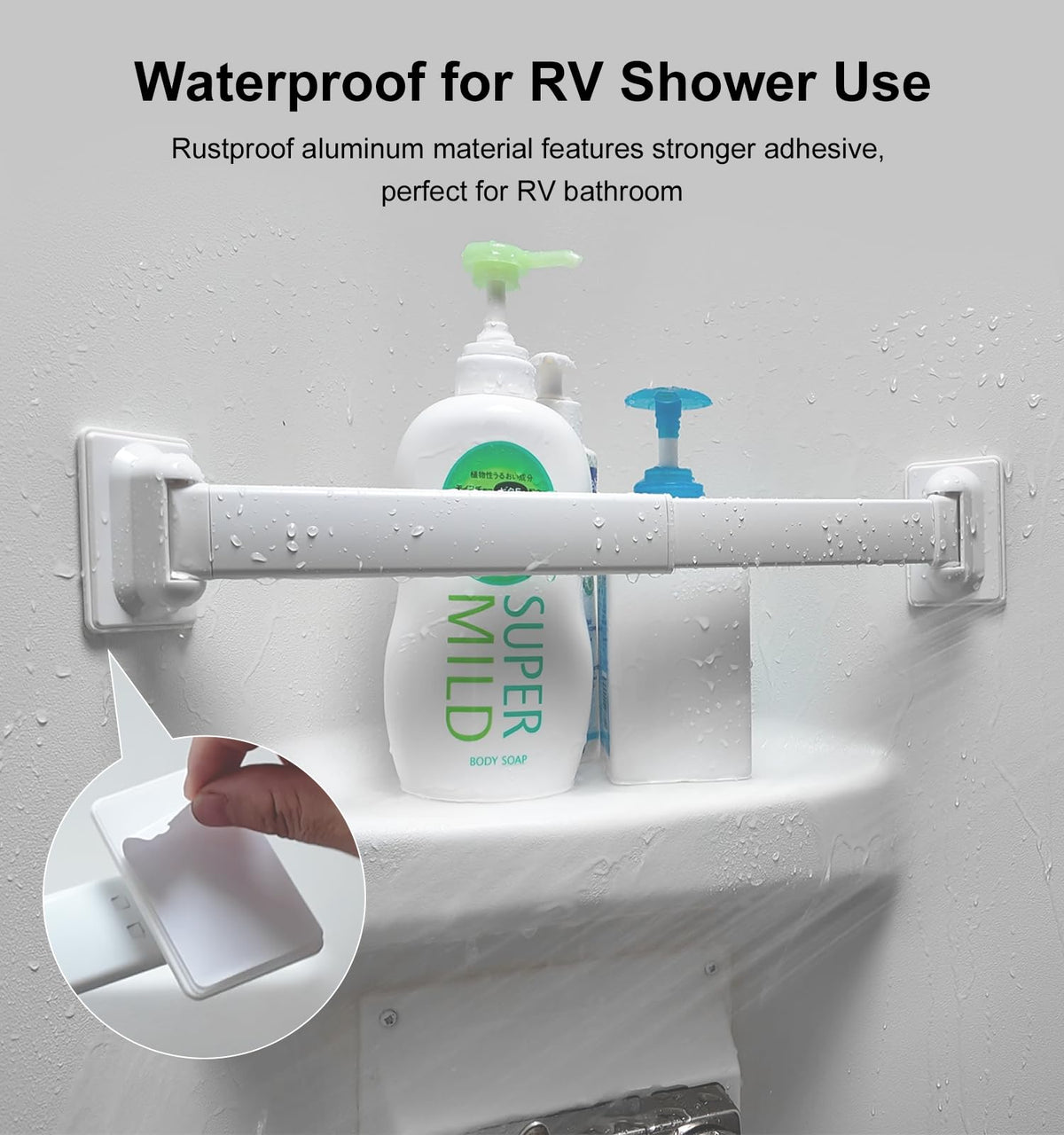 WanDwel aluminum shower bar extended to fit a taller bottle.