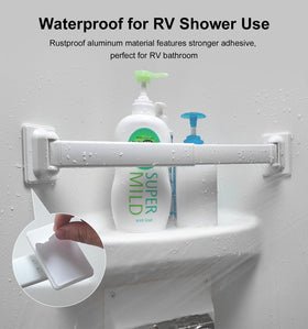 WanDwel aluminum shower bar extended to fit a taller bottle.