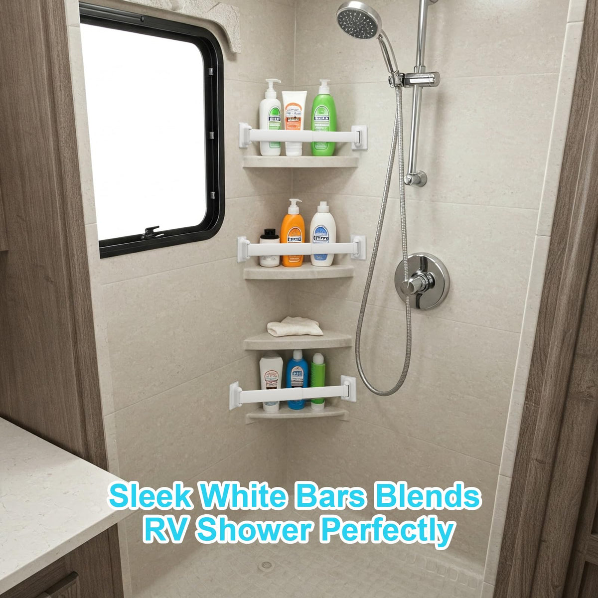 WanDwel adjustable bars support varying shelf angles in compact RV bathrooms.