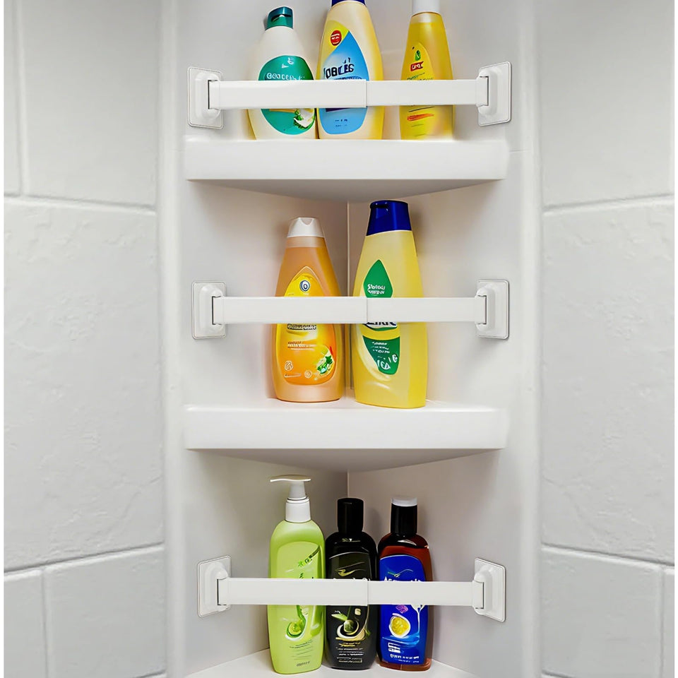 WanDwel RV shower corner bars in use, keeping toiletries secure during travel.