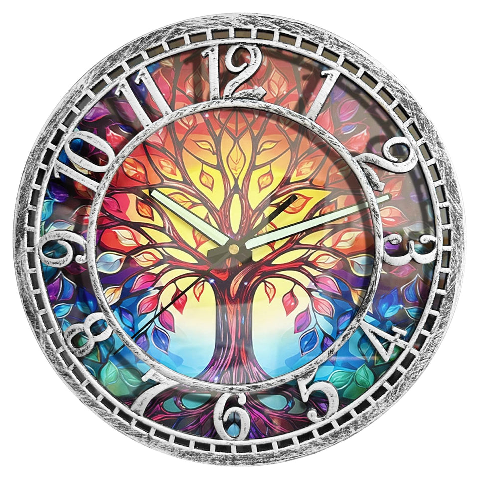 WANGIRO tree-of-life-wall-clock-12-inch front view with clear numerals.