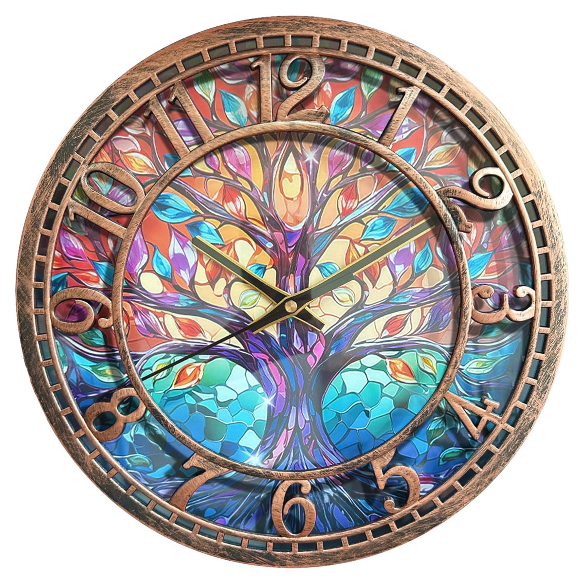WANGIRO Tree of Life wall clock – front view with clear numerals for quick time reading.