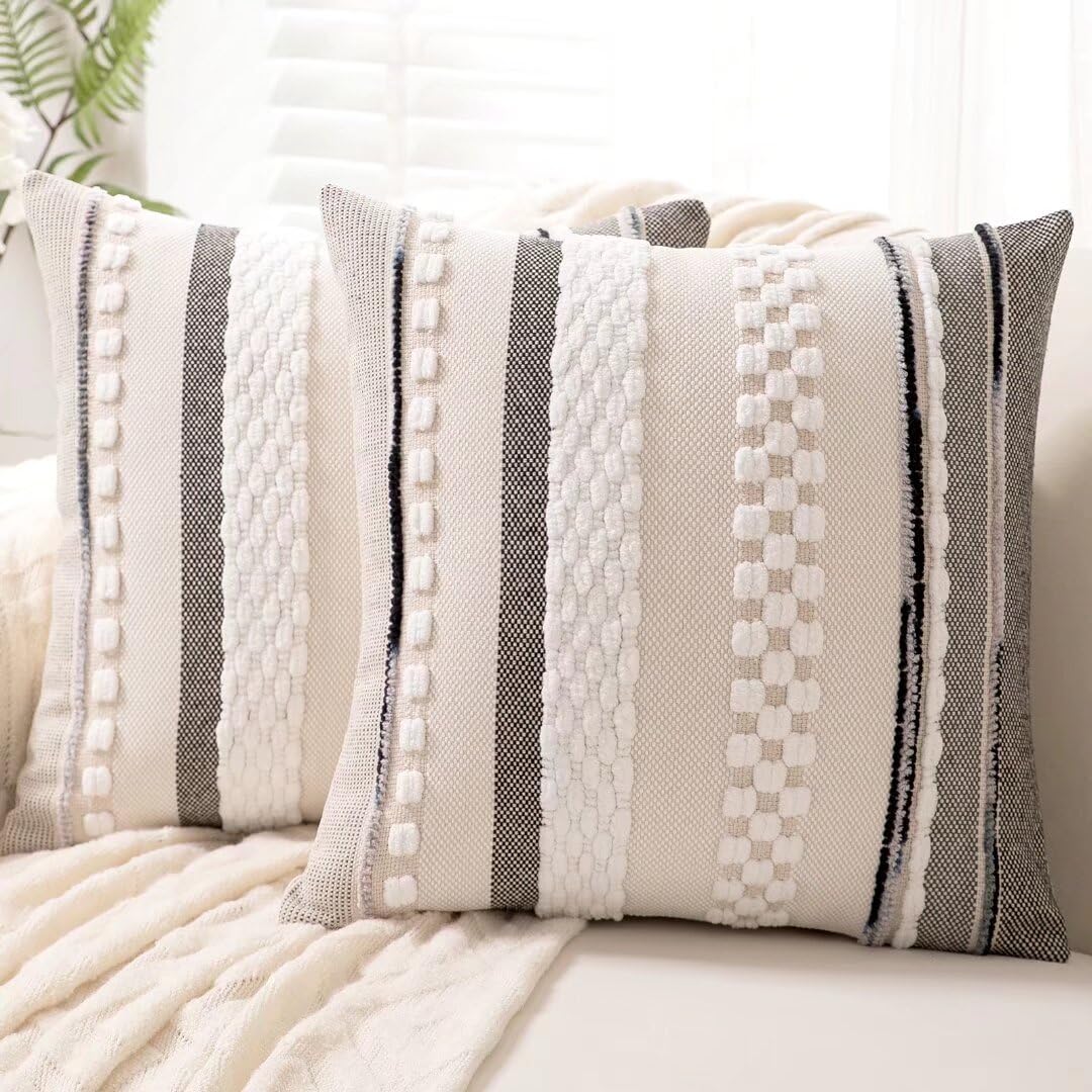 WANLIRD boho pillow cover front stripe with chenille texture for cozy decor