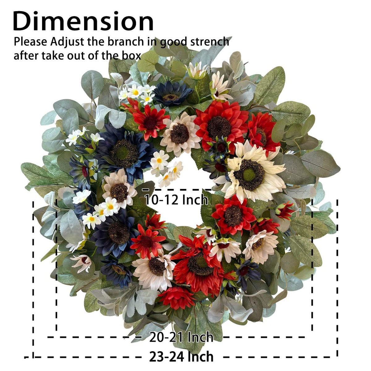 WANNA-CUL 4th of July wreath with sunflowers on a natural wood base for outdoor display.