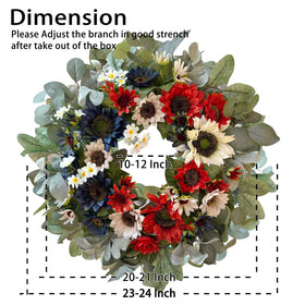 WANNA-CUL 4th of July wreath with sunflowers on a natural wood base for outdoor display.