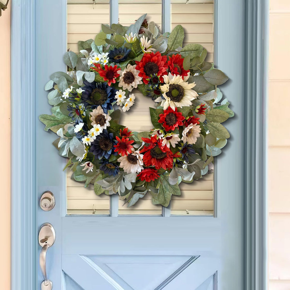 WANNA-CUL Memorial Day wreath in a patriotic theme for ceremonies and décor.