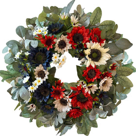 WANNA-CUL 24-inch patriotic sunflower wreath on a front door for festive curb appeal.