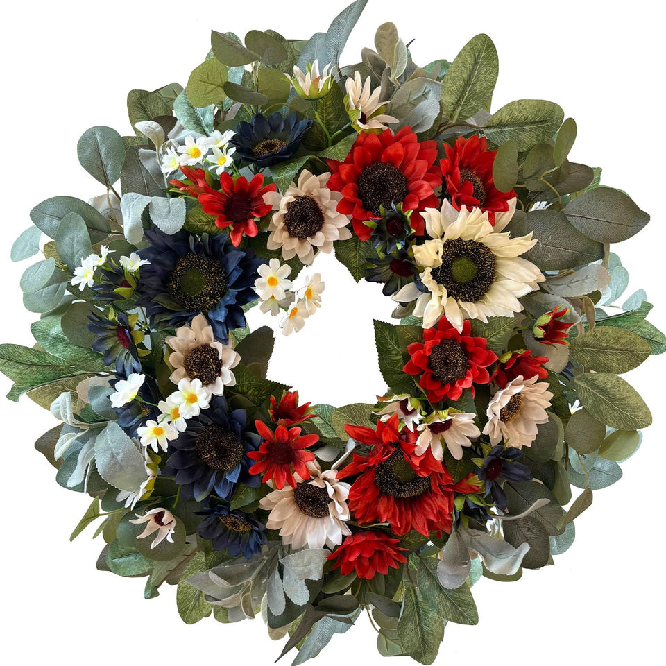WANNA-CUL 24-inch patriotic sunflower wreath on a front door for festive curb appeal.