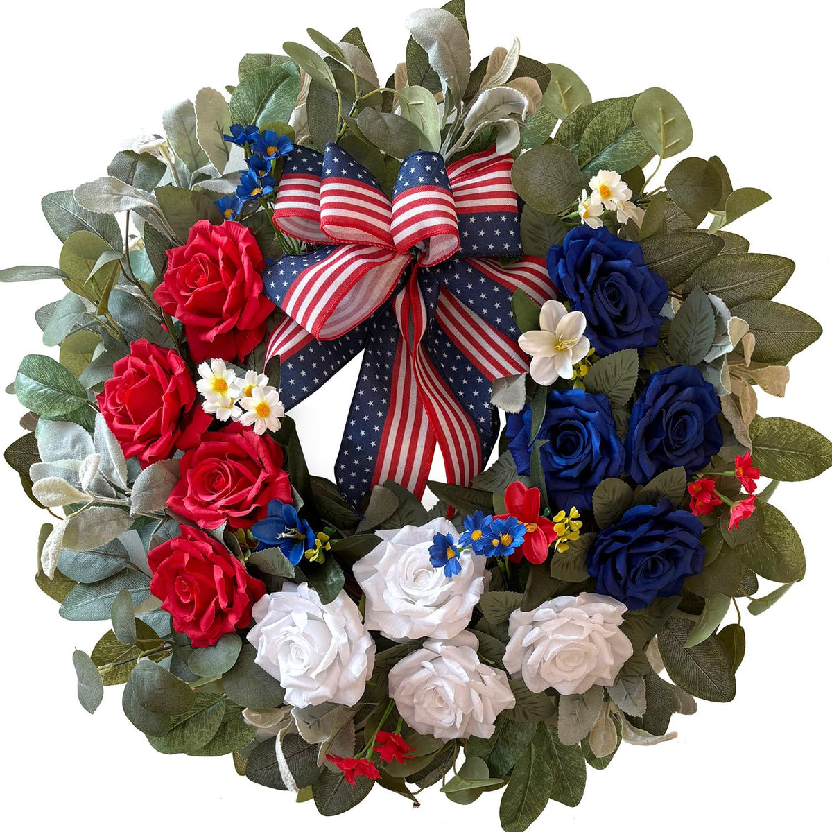 WANNA-CUL patriotic wreath with red, white and blue roses for front door decor.