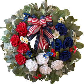 WANNA-CUL patriotic wreath with red, white and blue roses for front door decor.