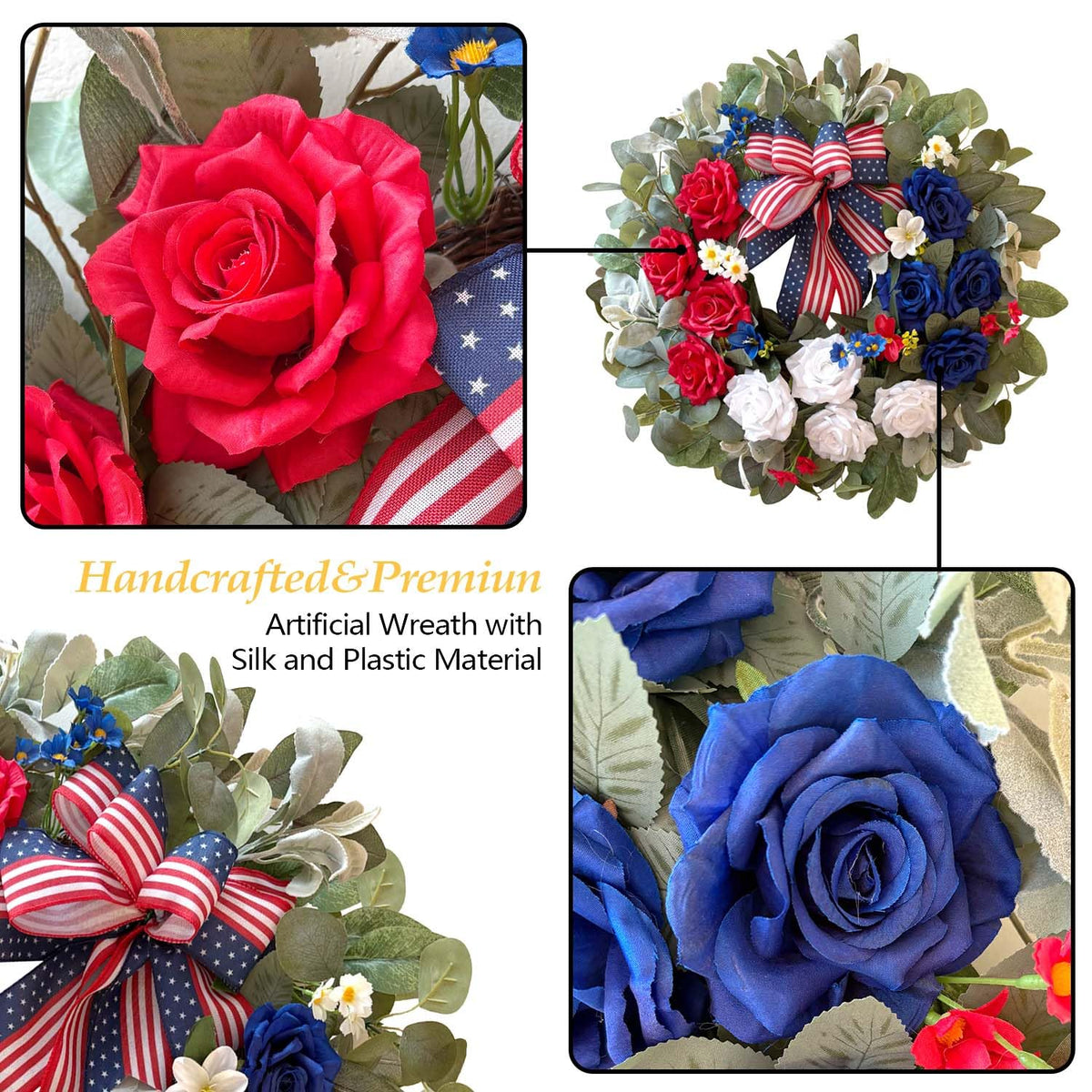 WANNA-CUL red white blue roses with eucalyptus for texture and depth.