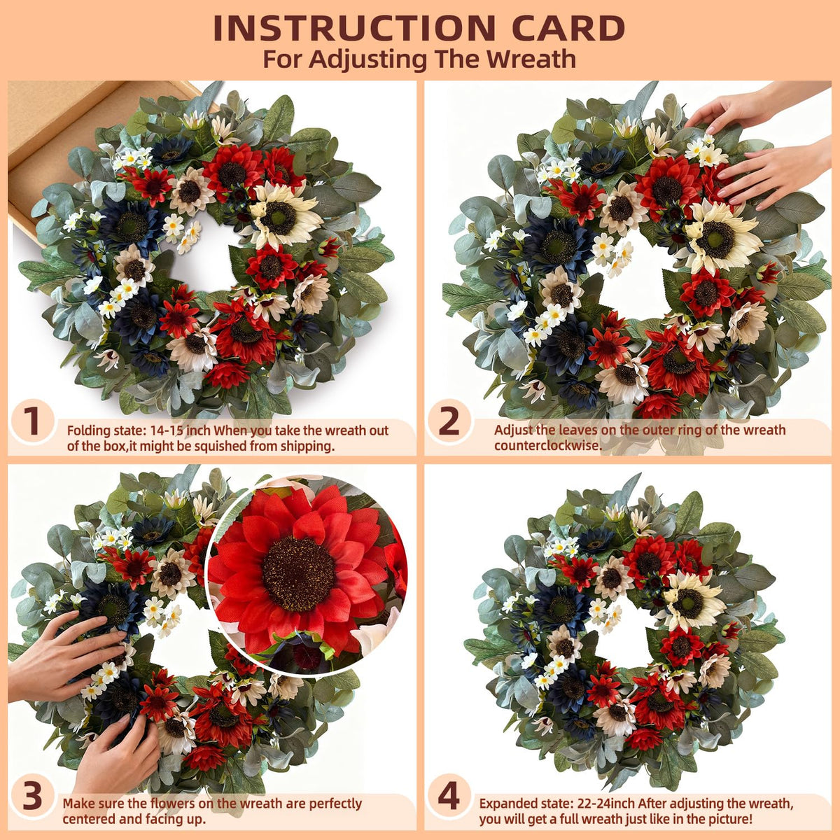 WANNA-CUL red white blue sunflowers wreath suitable for indoor or outdoor use.