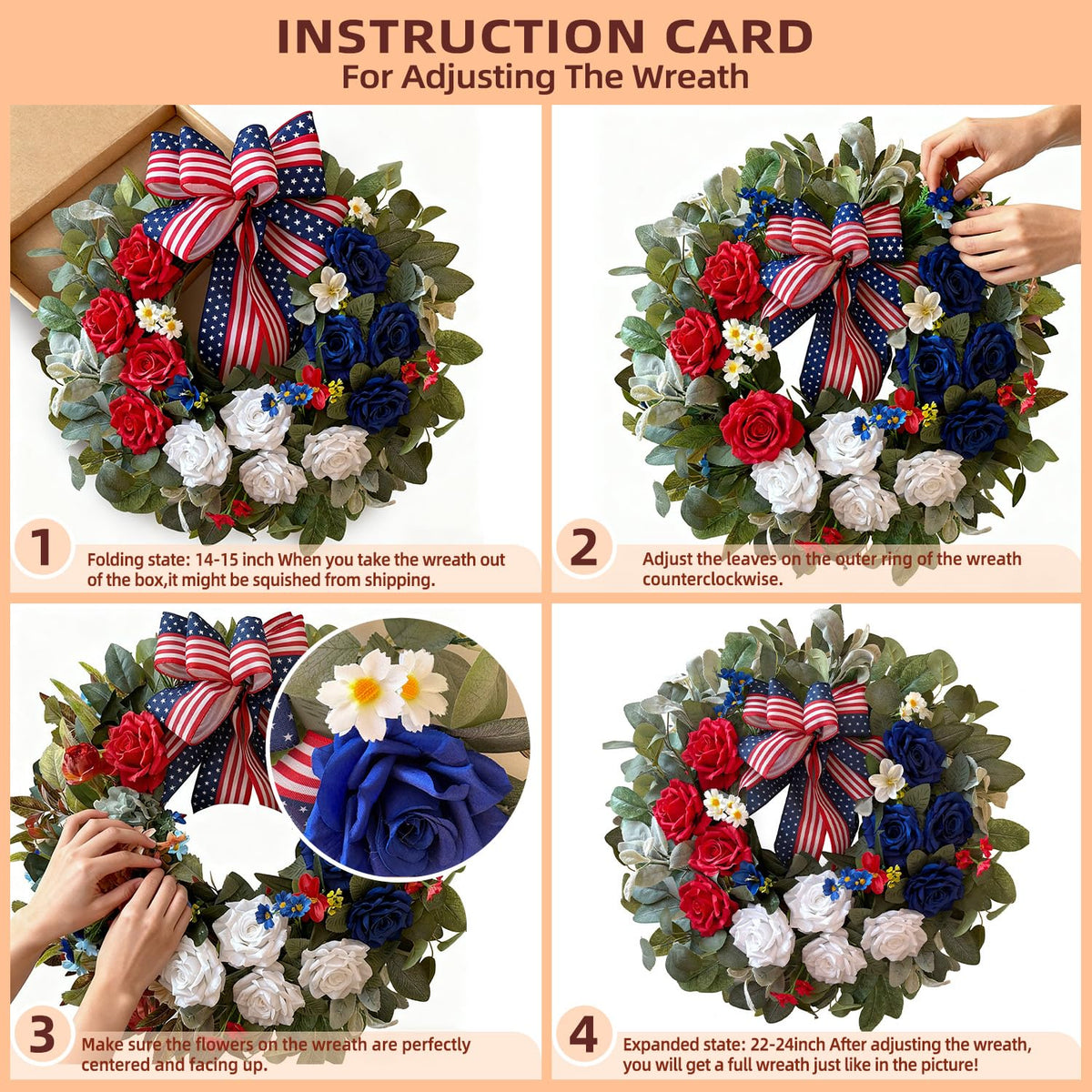 WANNA-CUL 24-inch rose wreath highlighting bold patriotic color on doors or walls.