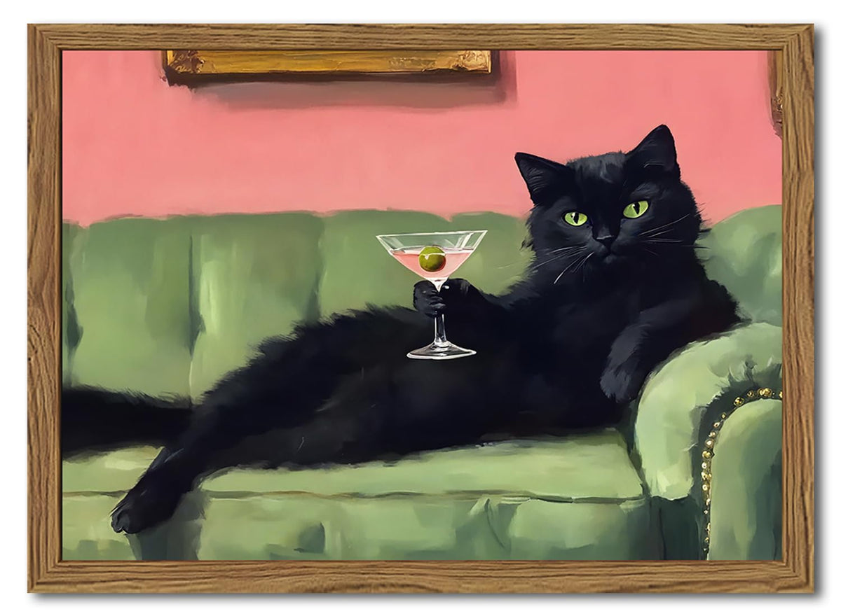 WARTHZ Funny Black Cat Martini Wall Art enhances bar cart displays with whimsy.