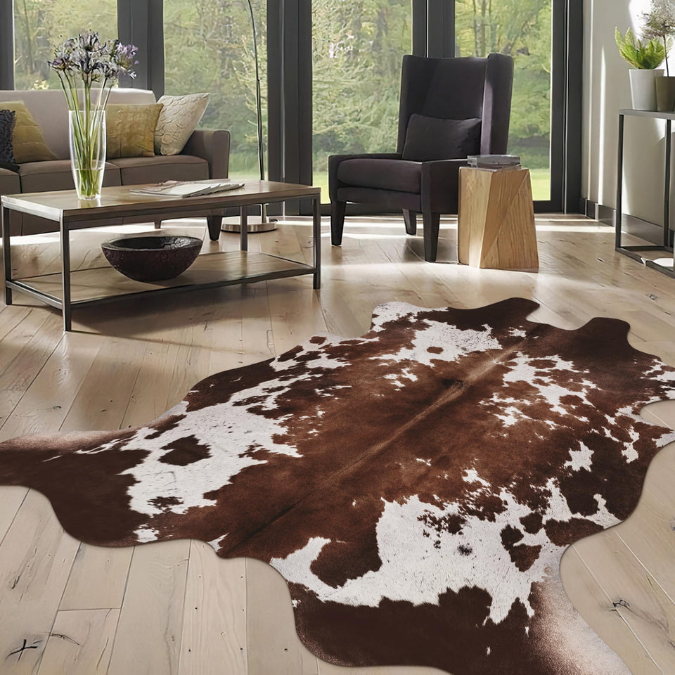 Warm Haven cow-hide rug with cow print in a living room, offering cozy Western ambiance and easy upkeep.