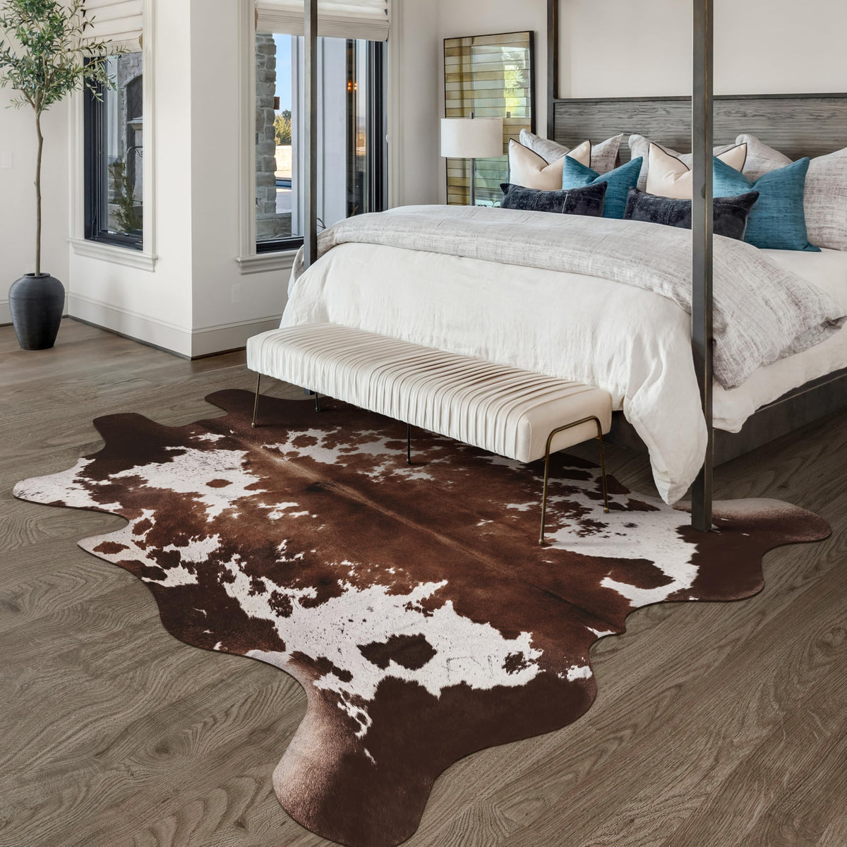 Warm Haven cow-hide rug 4.6x5.2 ft fits medium living spaces with balanced proportions.